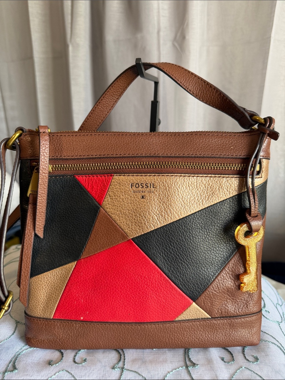 Fossil Women's Multicolor Patchwork Leather Crossbody Bag - Brown/Red/Black